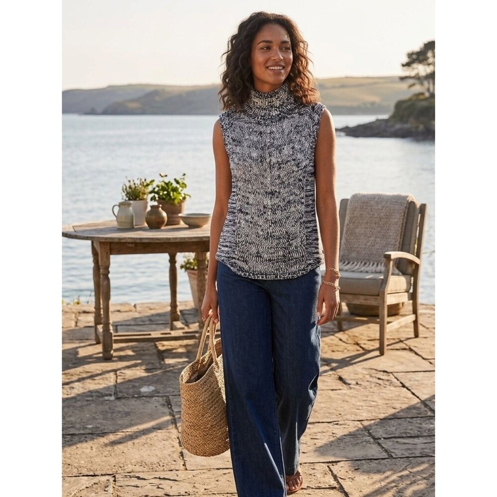 White House Black Market Marled Knit Mock Neck Sleeveless Top Small Navy Blue